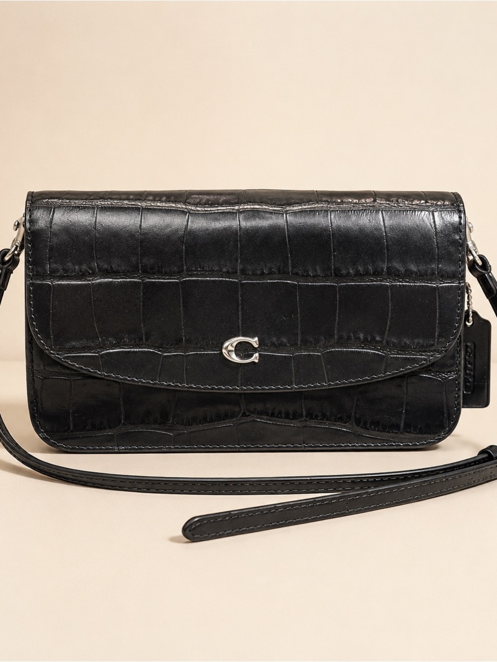 Coach Black Croc-Embossed Leather Crossbody Wallet